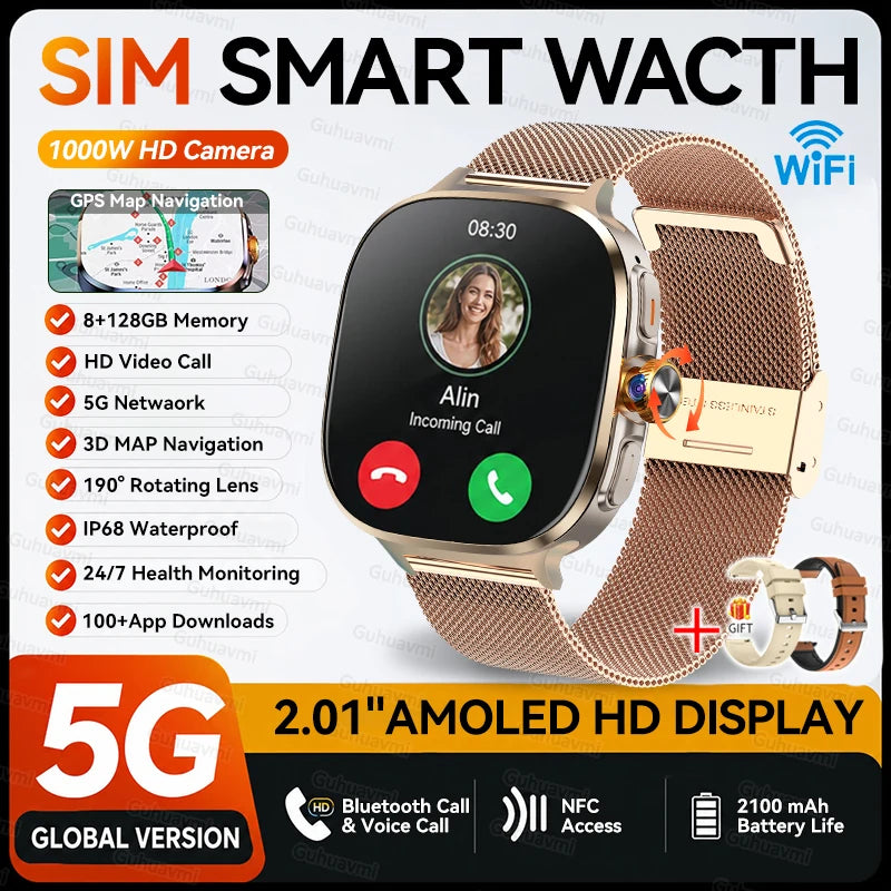 5G/4G Globally Universal SIM Smart Watch AMOLED Screen 190 ° Rotating Camera Video Call GPS 8+128GB Memory Smart Watch
