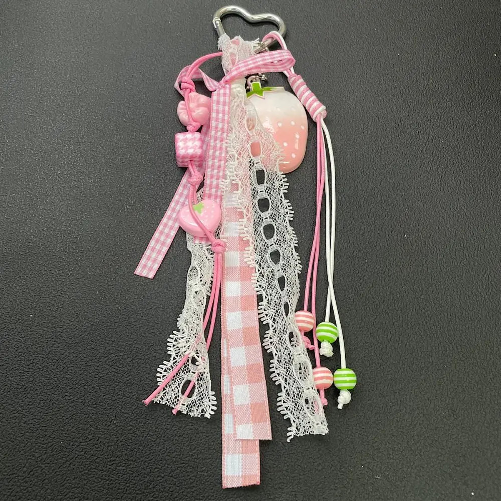 Bag Decoration Strawberry Bag Charms Girl Heart Trinket Riband Strawberry Keychain Anti-Lost Jewelry Girl Sweet Key Chain