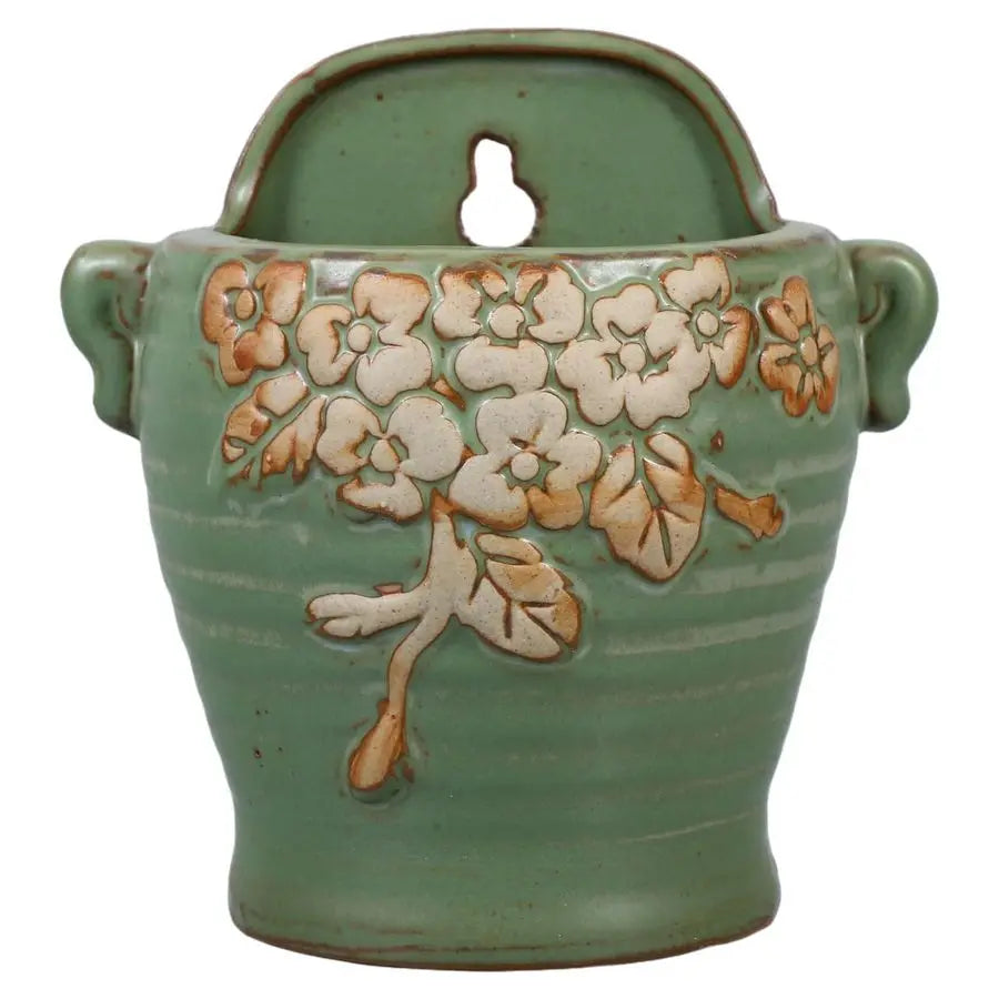 Vintage Ceramic Wall Planter 8 Inch Green Retro Flower Pot for Farmhouse Decor, Indoor Outdoor Hanging Planter for Succulents, H