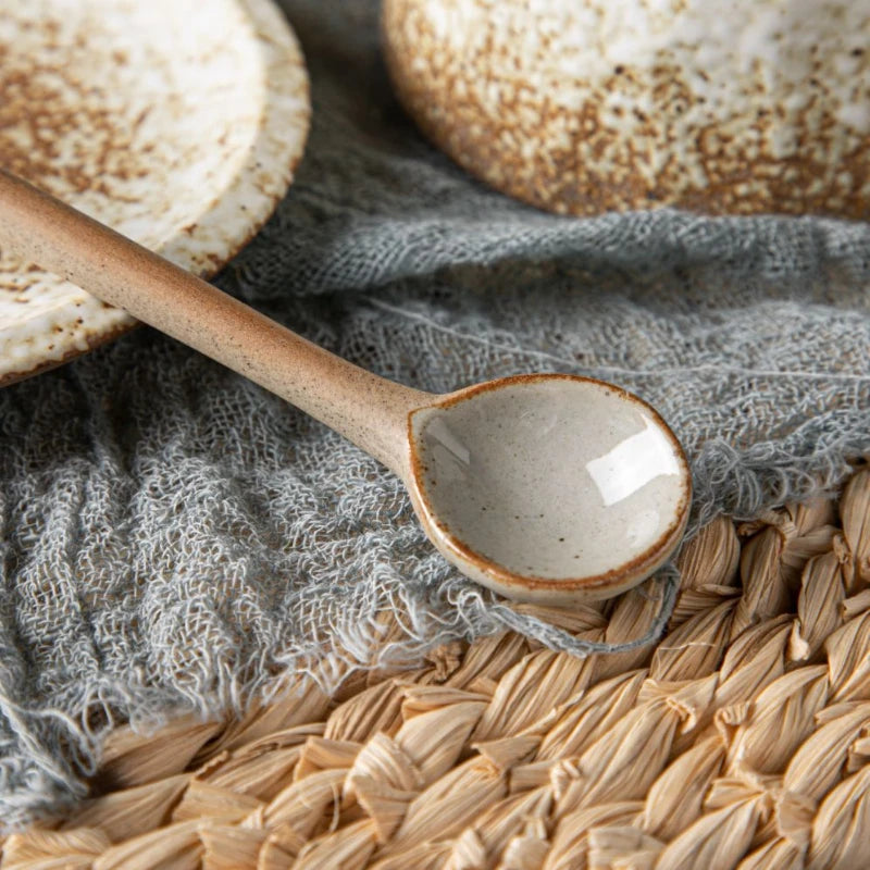 Vintage Japanese Ceramic Small Spoon Coffee Scoop With Long Handle Rough Pottery Soup Spoon Cute Kitchen Accessories