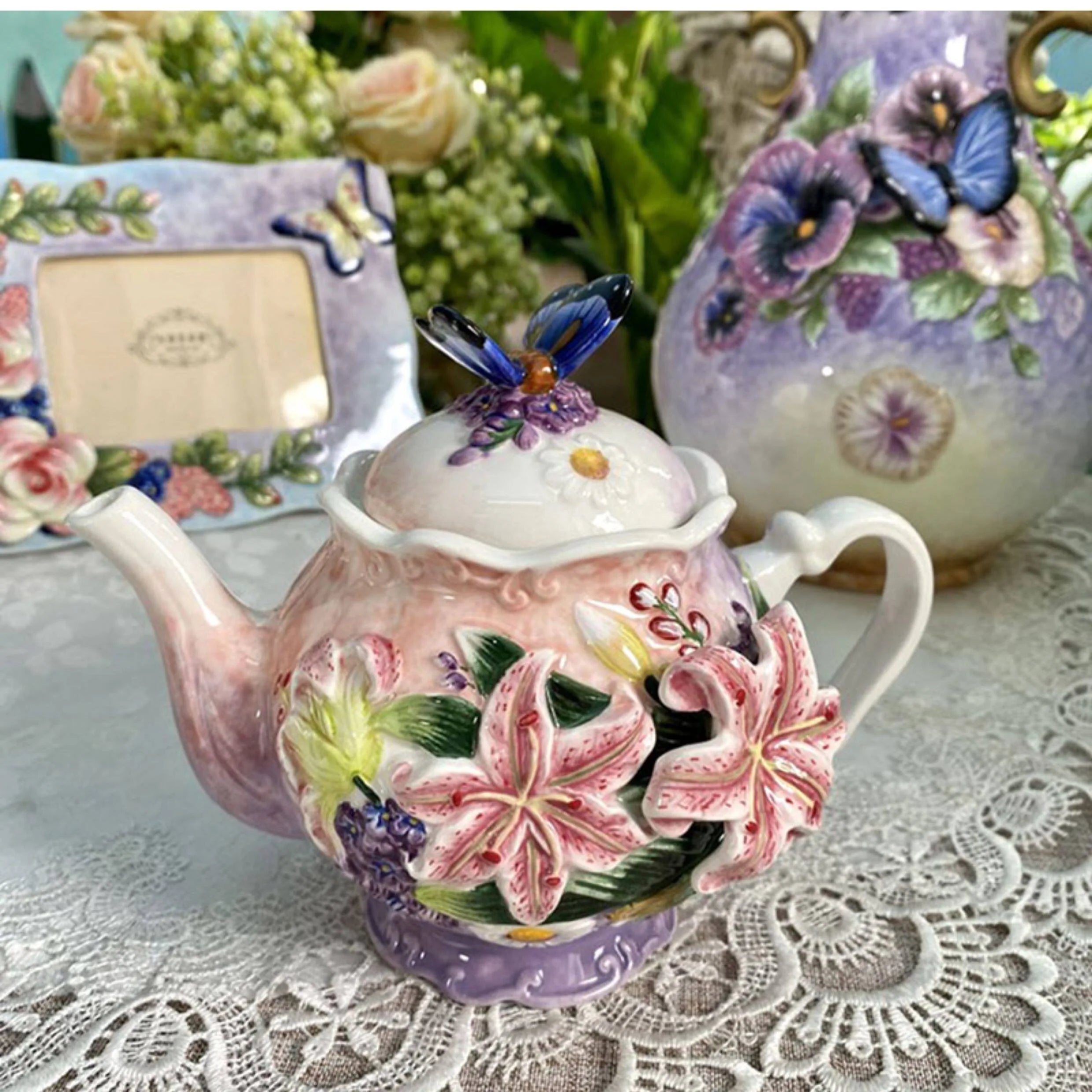 European Style Ceramic Coffee Pot, Hand-painted Butterfly Orchid Teapot, Tea Cup Set, Exquisite Creative Gift, Cafe Accessories