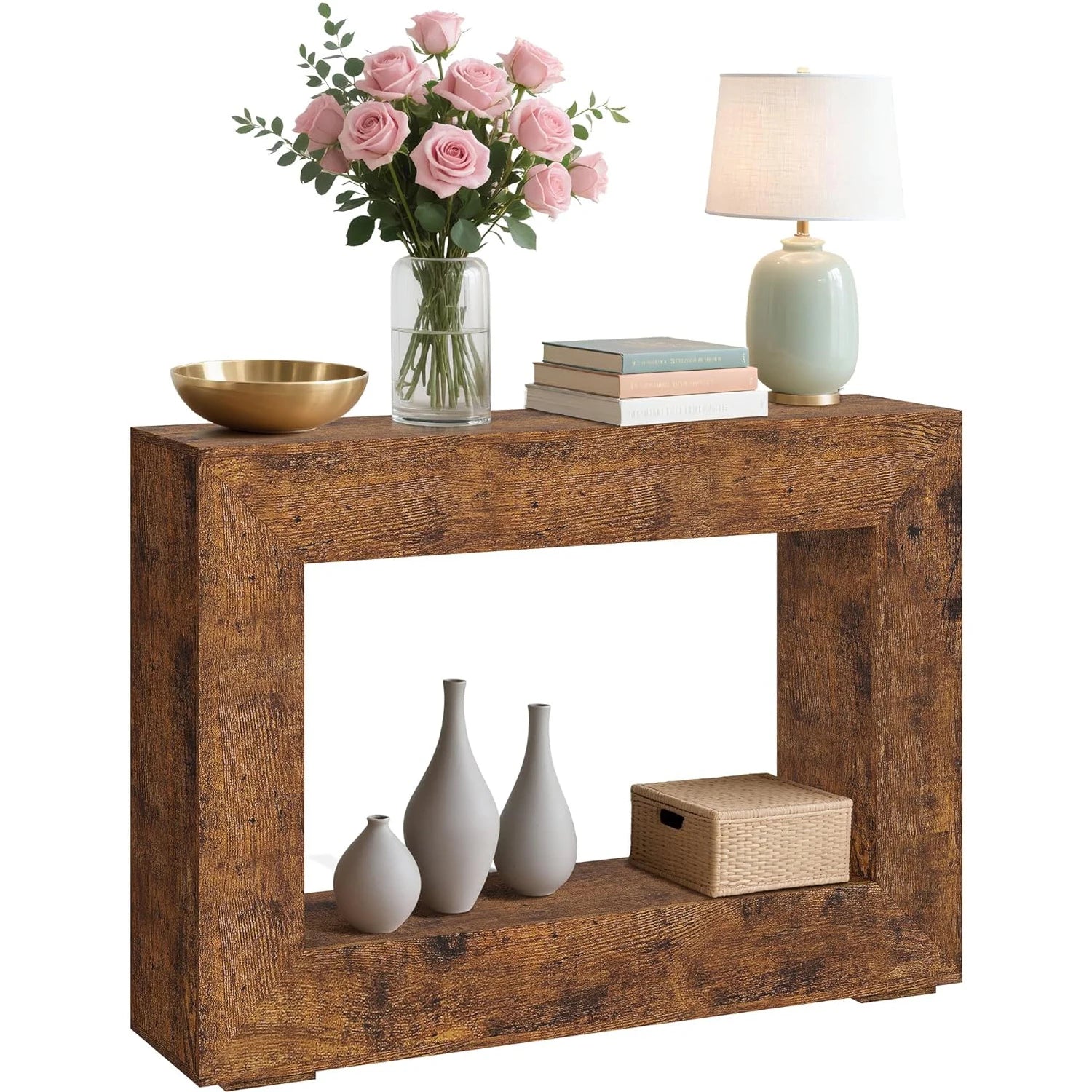 47" Rustic Farmhouse Console Table Wooden Entryway Sofa Table With Open Storage Shelves For Living Room Hallway Foyer Bedroom