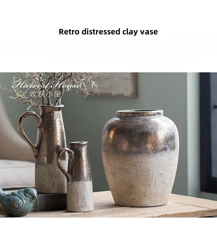 Vintage Distressed Coarse Pottery Vase Handmade Flower Arrangement Ornament for Living Room Bedroom - Unique Flower Vessel