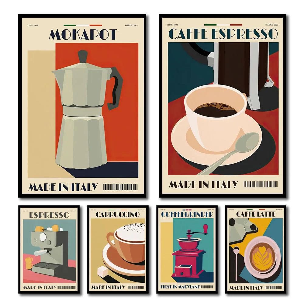 Italian Espresso Coffee Pot Beans Wall Art Wall Art Canvas Painting Poster Suitable for Decoration in Living Rooms Bedrooms