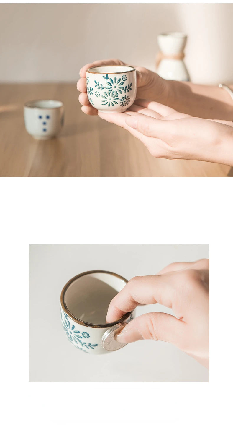 Vintage Japanese Sake Ware Ceramic Flower Wine Pot and Cup Home Kitchen Restaurant Wine Dispenser Drinking Supplies Accessories