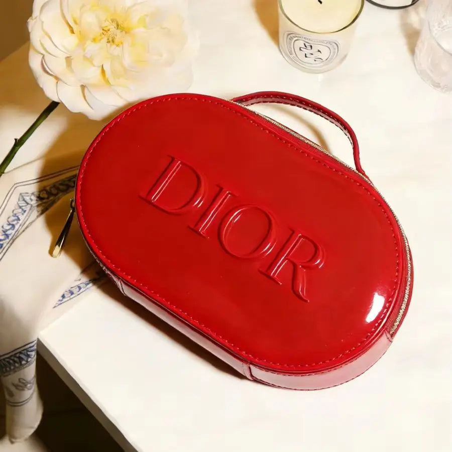 Dior Dior’s Bag Luxury Glossy Bright Red Oval Handheld Makeup Organizer Pouch Patent Leather Embossed Logo Waterproof Travel Cos