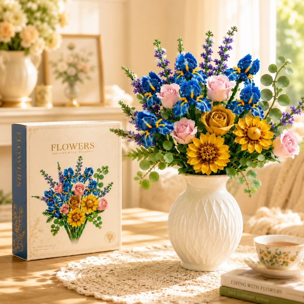 866pcs Botanical Flower Bouquet Set, Blue Iris Rose Plant Building Blocks, 3D Creative Desktop Decoration, Valentine Gift