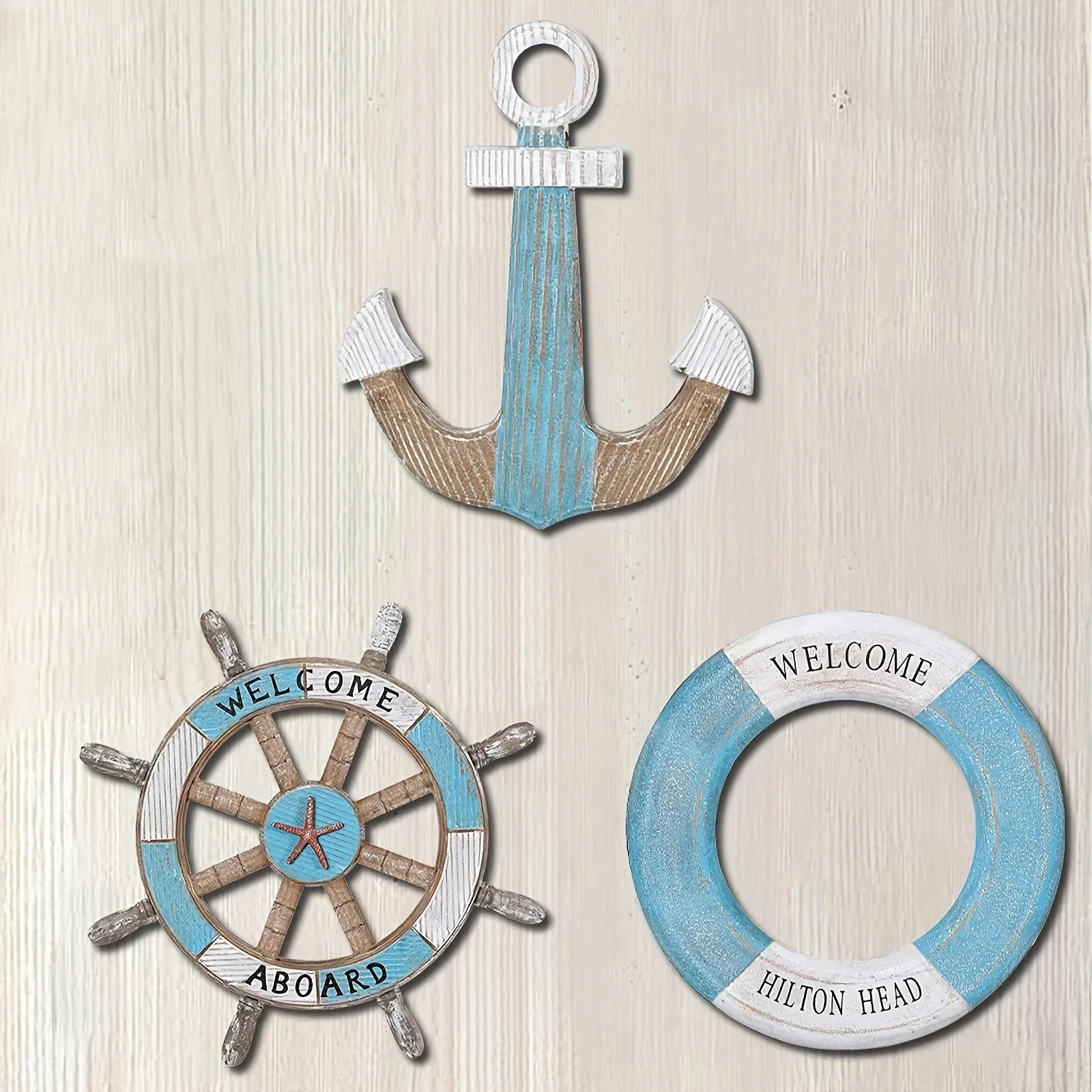 1 Set of Nautical-Themed Home Decor Wooden Anchors, Helms, and Lifebuoys Ocean-Themed Wall Hanging Decorations Indoor Nautical Decor Can Be Used for Wall Decoration at Outdoor Parties and Yard Gatherings