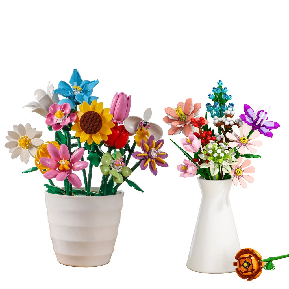 Creativity Potted Plants Bouquet Rose Lily Flower Home Desk Plant Decoration Assemble Building Blocks Bricks Toys Girls Gift