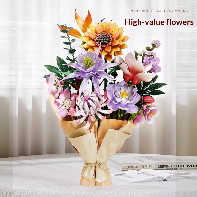 DIY Flower Building Blocks Botanical Plant Mini Bricks Sakura Sunflower Magnolia Bouquet Toy Desktop Decoration Gift