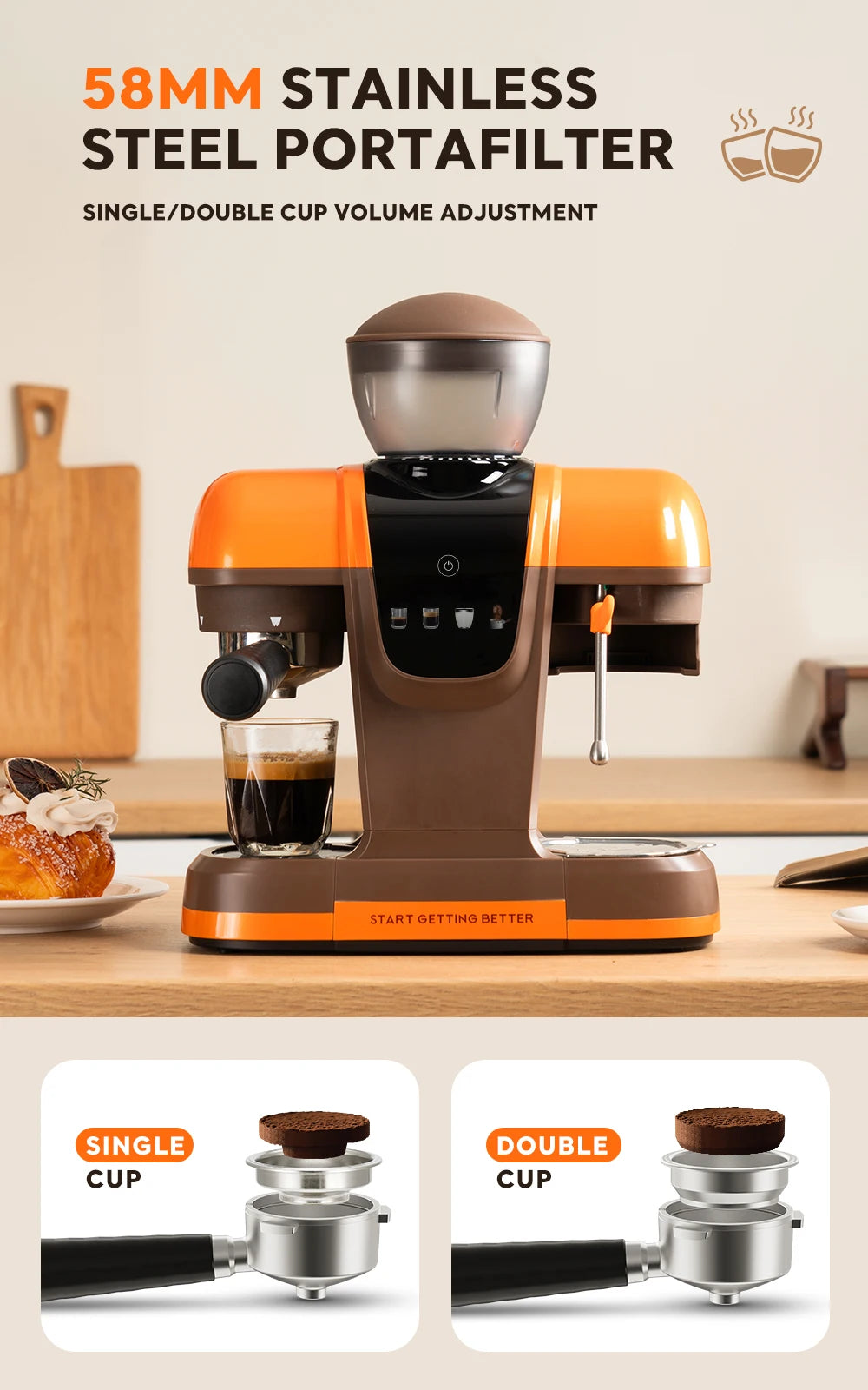 I Cafilas 19 Bar Semi Automatic Espresso Coffee Maker With Grinder Bean For Cappuccino and Latte Milk Frothing System Machine