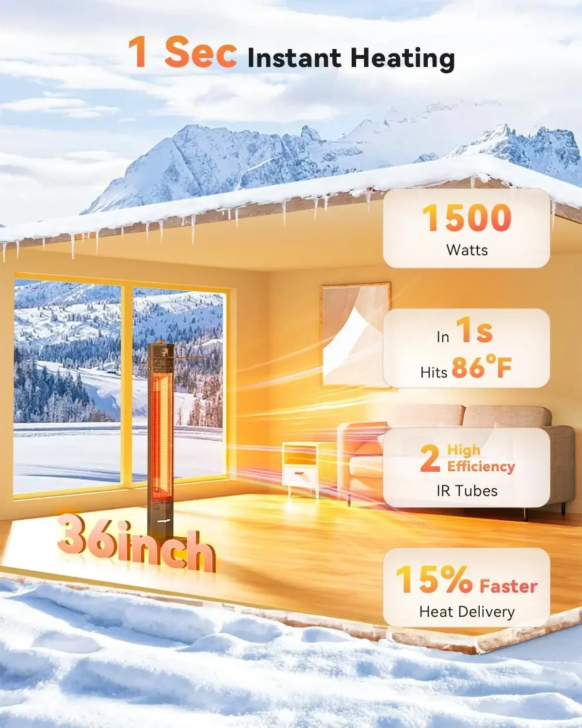 [Limited Stock!]Patio Heater for Outdoor Use,1500W Infrared, 36 in Portable Tower Heater, 3 Levels, IPX5 Waterproof, Tip-Over&Ov