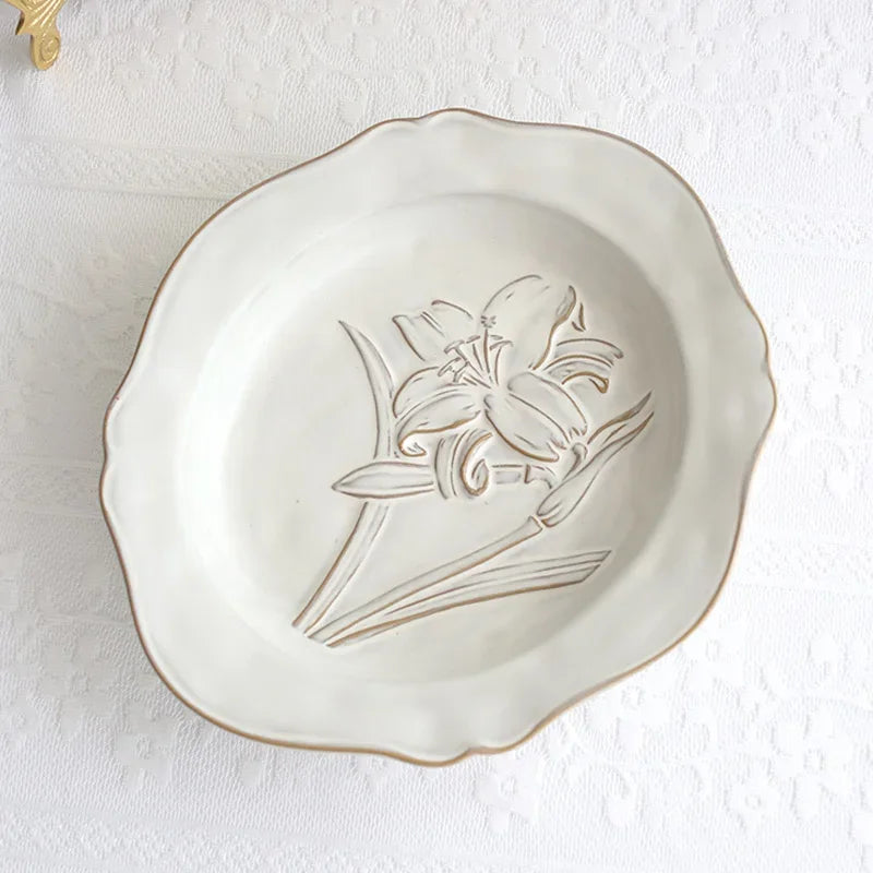 Ceramic Plates Vintage Style Dinner Plate Tulip Relief Ceramic Plates Steak Pasta Dishes Tableware Household Use Tableware Home