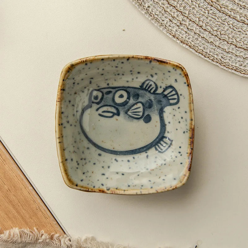 Vintage Ceramic Small Plate Japanese Creative Cartoon Seafood Sauce Dish Seasoning Plate Home Kitchen Tableware Wholesale