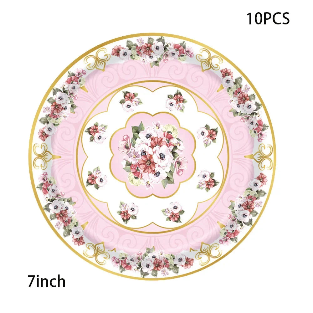 Vintage Floral Tea Party Tableware Set Elegant Pink Paper Plates Cups Napkins EVJF Girls Birthday Bridal Shower Wedding Decor