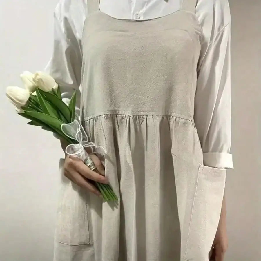 Japanese cotton Aprons for Women with Pockets Cross Back Cute Apron Dress for Gardening Painting Baking and Cooking