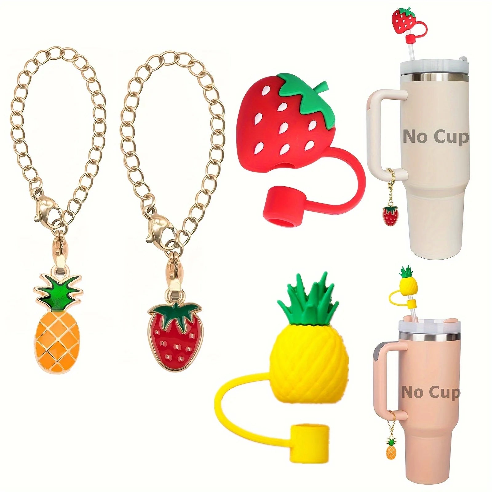 2set Silicone Fruit Straw Cover Cap With Chain Charm Strawberry Pineapple For Stanley Tumblers With Handle 8mm Drinking Straw