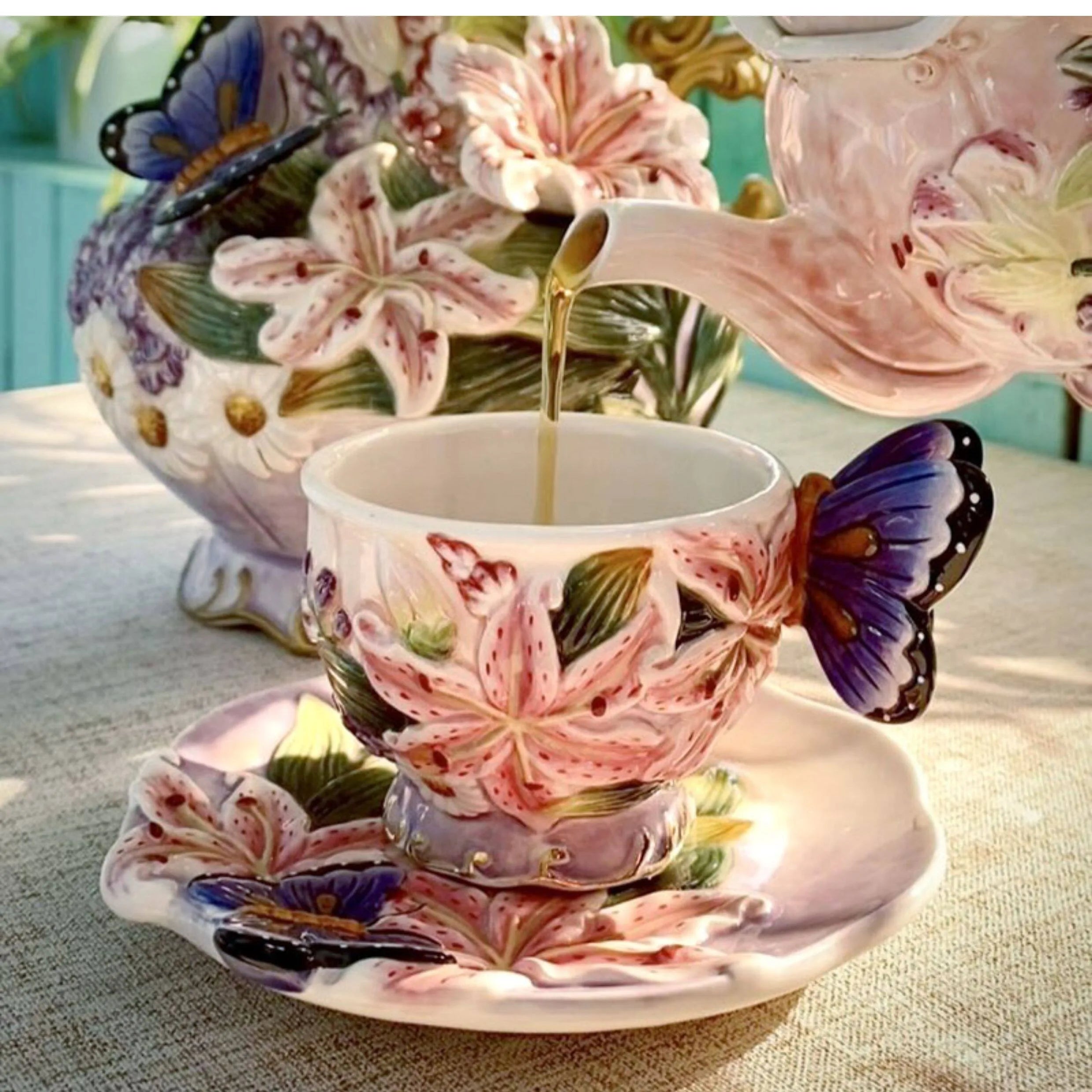 European Style Ceramic Coffee Pot, Hand-painted Butterfly Orchid Teapot, Tea Cup Set, Exquisite Creative Gift, Cafe Accessories