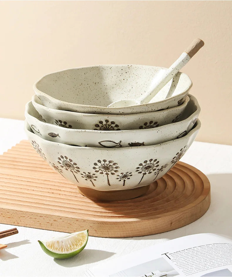 coarse pottery bowl, retro ceramic tableware, underglaze colored noodle bowl, lace soup bowl, household hat  commercial ramen