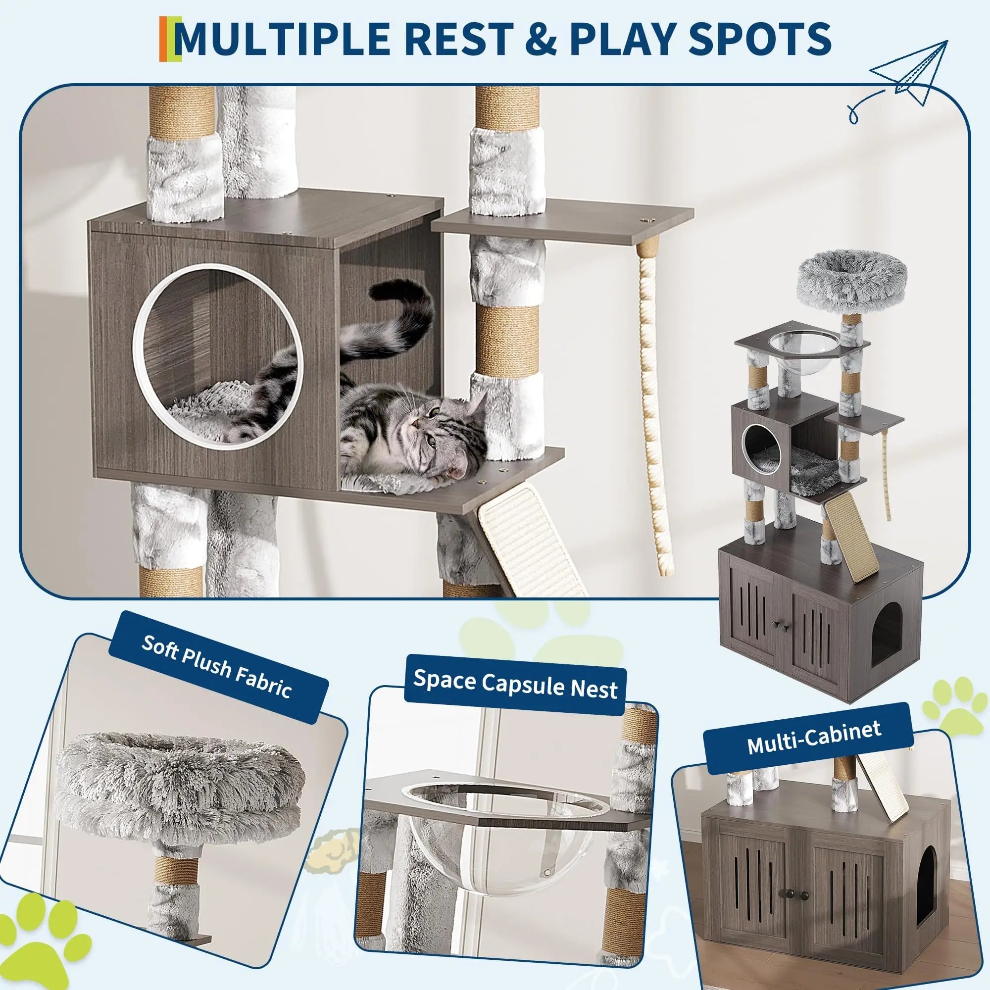 Cat Tree Tower with Litter Box Enclosure, Multi-Level Cat Furniture Featuring Hammock and Washable Cushions, Indoor Cat Tower