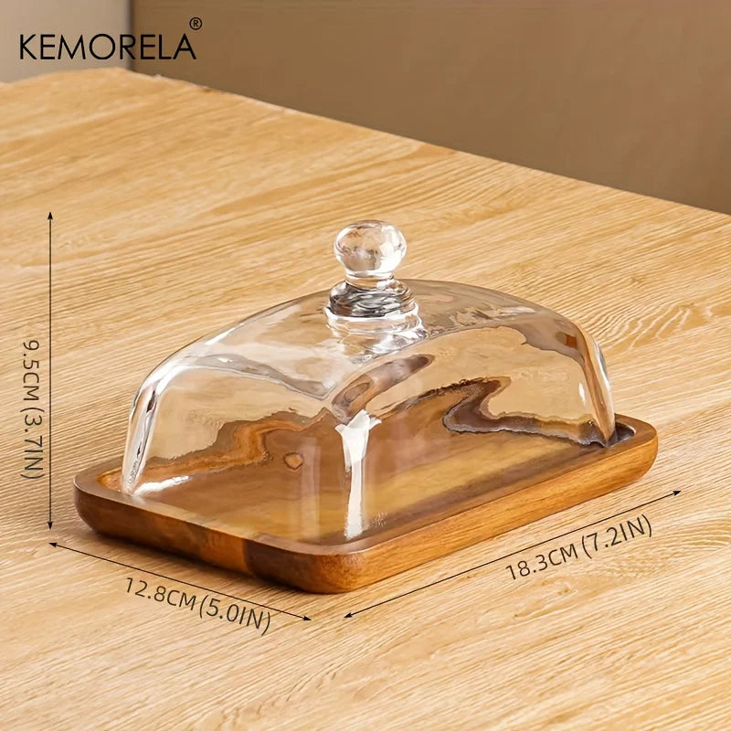 Vintage Butter Dish with Glass Lid - Elegant rectangular dinner plate with clear dome lid and black knob, decorative kitchen