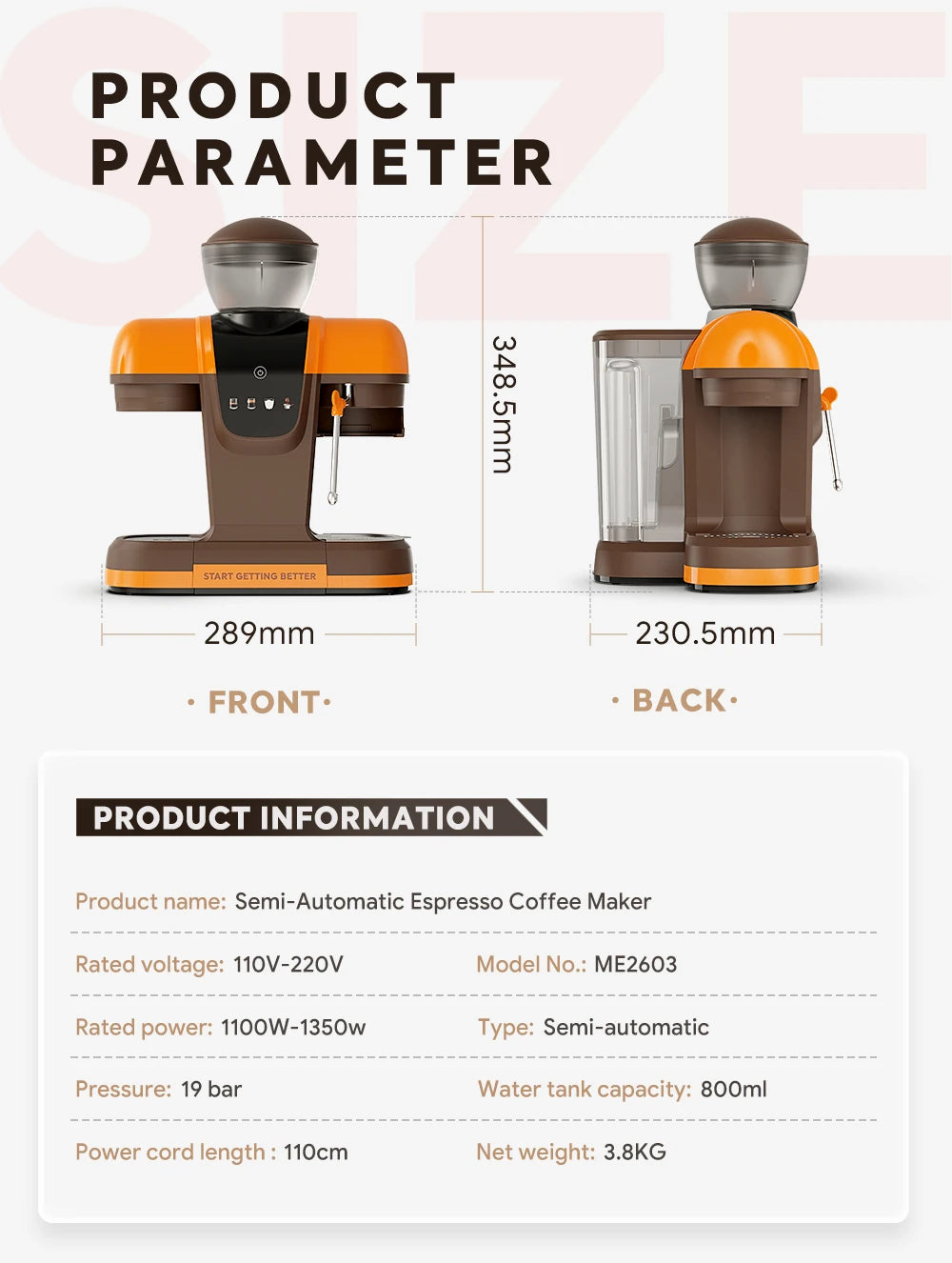 I Cafilas 19 Bar Semi Automatic Espresso Coffee Maker With Grinder Bean For Cappuccino and Latte Milk Frothing System Machine