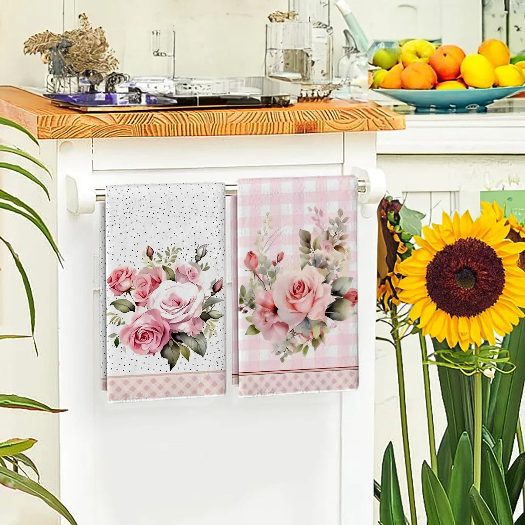 2Pcs, Vintage Pink Rose Print Kitchen Towels, 40Cm*60Cm Towel Set, Super Absorbent Soft Cleaning Cloth, Cooking and Baking Tea Towel, Hand Towel, Cleaning Cloth, Dishcloth, Kitchen Decoration, Living Room Decoration, Kitchen