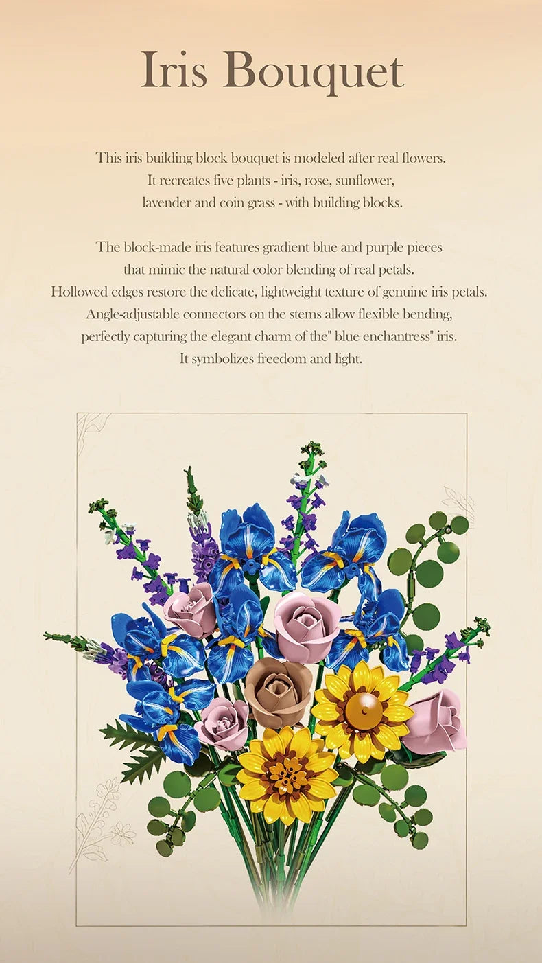 866pcs Botanical Flower Bouquet Set, Blue Iris Rose Plant Building Blocks, 3D Creative Desktop Decoration, Valentine Gift