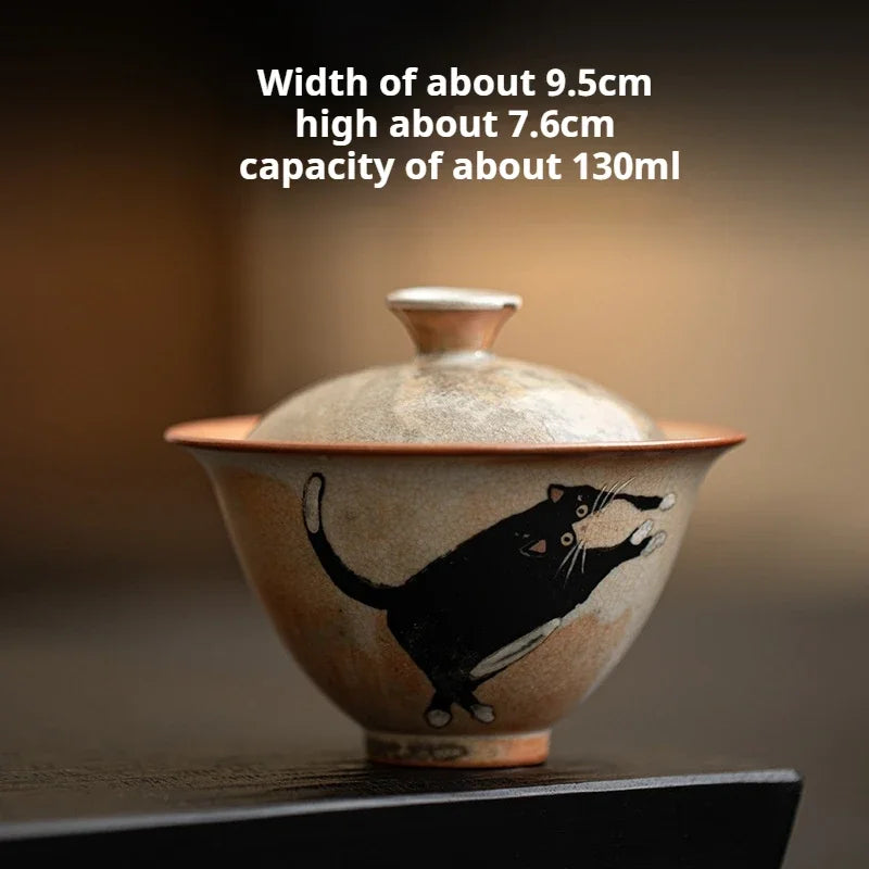 130ml Vintage Cute Zhi Ye Cat Porcelain Gaiwan Set For Tea Tureen Teaware Cup Chinese Hand-Paint Bowls Chawan Tea Ceremony Set