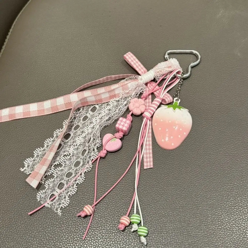 Bag Decoration Strawberry Bag Charms Girl Heart Trinket Riband Strawberry Keychain Anti-Lost Jewelry Girl Sweet Key Chain