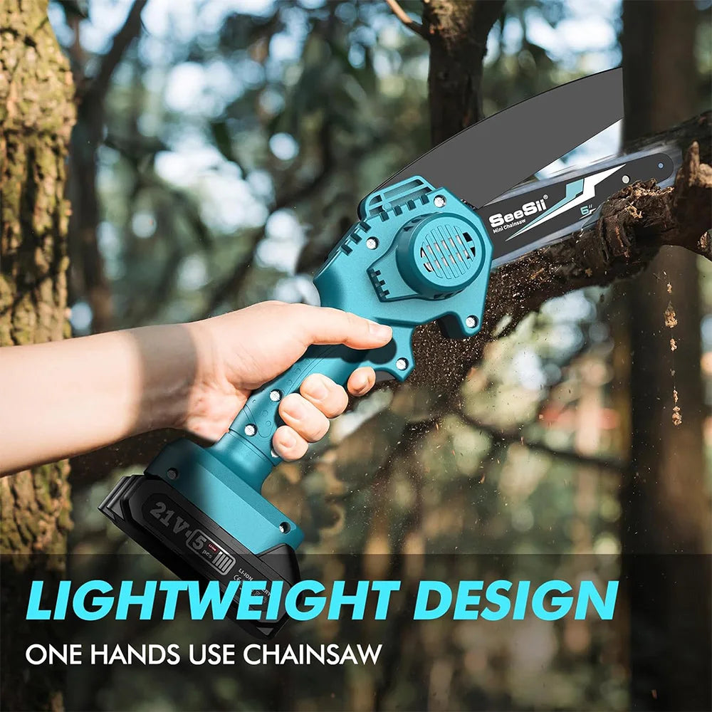 Seesii Mini Chainsaw Cordless 6-inch Handheld Electric Power Chain Saw for Garden Tools Tree Trimming Wood Cutting Best Gifts