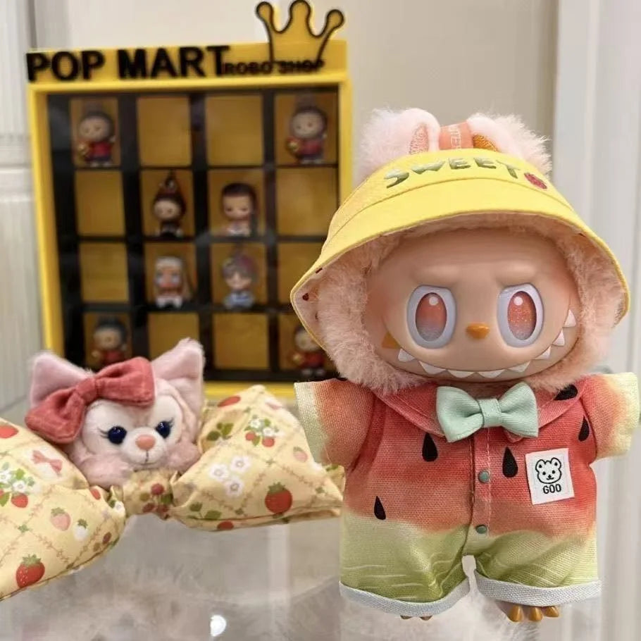 Labubu 3.0 17cm Doll Clothes Watermelon Jumpsuit With Sweet Bucket Hat Bow Tie Outfit For Labubu Vinyl Doll Dress Up Accessory