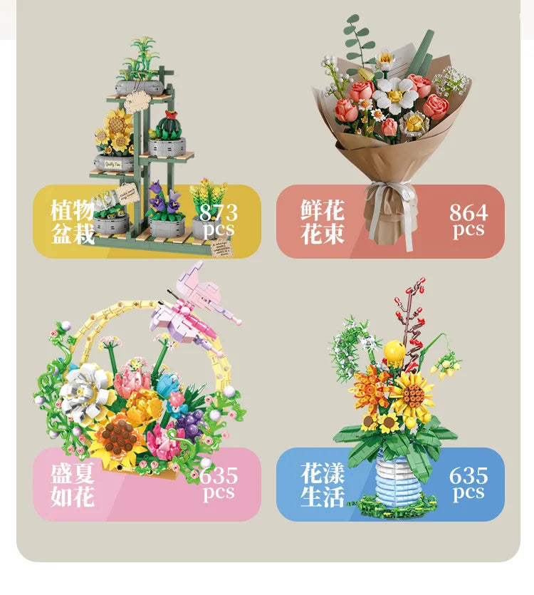 Big Flowers Bouquet Building Blocks Set Flowers Models Home Decor Botanical Collection Bricks Toys for Adults Mother's Day