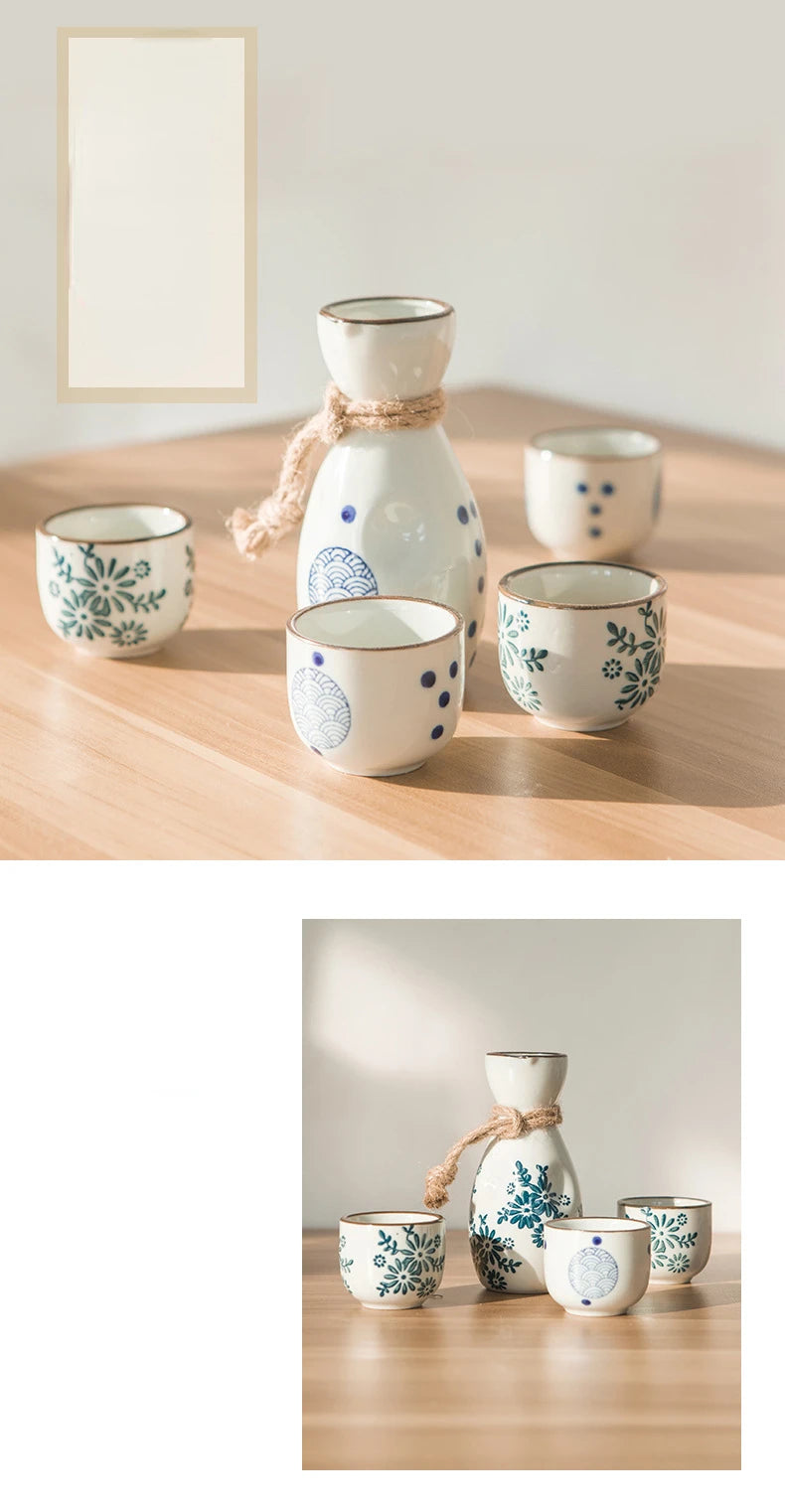 Vintage Japanese Sake Ware Ceramic Flower Wine Pot and Cup Home Kitchen Restaurant Wine Dispenser Drinking Supplies Accessories