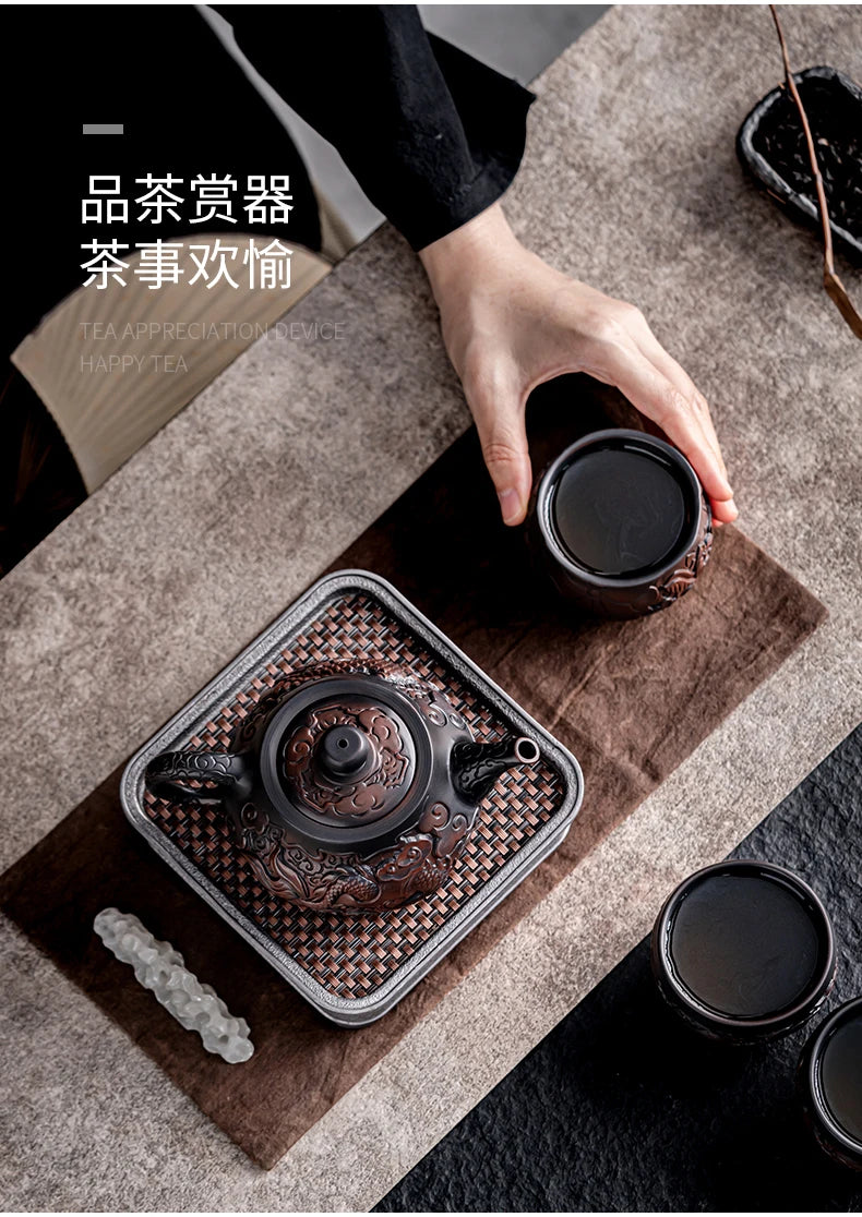 Suitable for collectionPurple Pottery Teapot Handmade Pile Carving Xianglong Pot Kung Fu Tea Set Purple Clay Pot Handmade