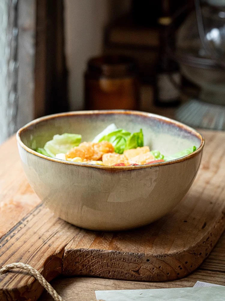 YWDL 500ml Vintage Ceramic Salad Bowl Heat-resistant Rice Soup Bowl Irregular Edges Kitchen Noodle Bowl Microwave Safe 5.5inch