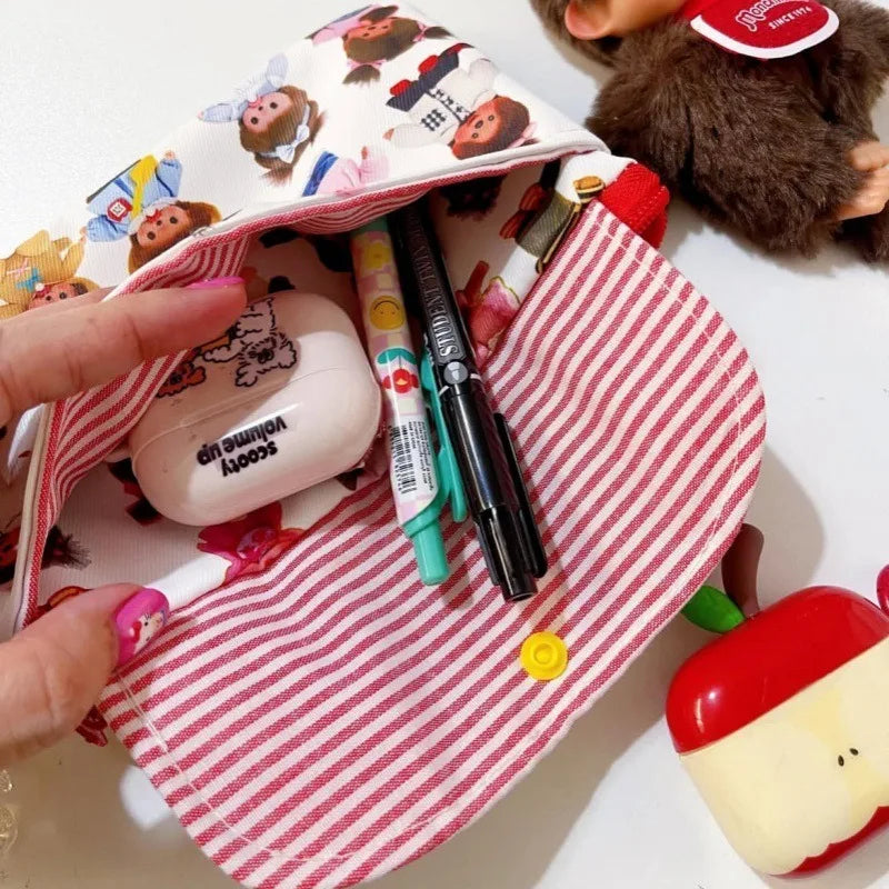 Hot Cartoon Monchhichi Series Cute Printed Pencil Case Multi Functional Exquisite Storage Bag Portable Glasses Case Gift