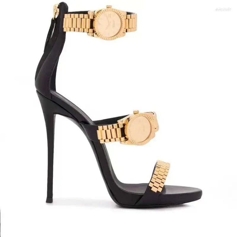 Sandals Womens Golden Watch Embellished Strap Sexy 12cm Stilettos High Heel Open Toe Ladies Heels Party Shoes