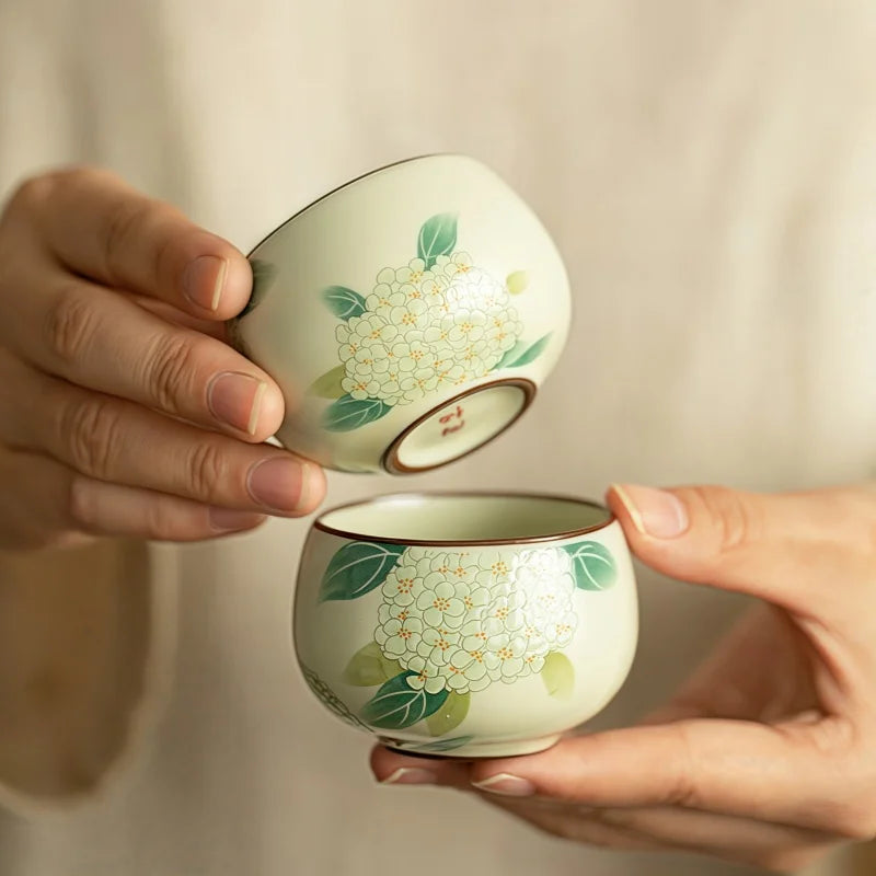 Hand-Painted Hydrangea Teacups Ceramic Master Cup Chinese Kung Fu Gongfu Tea Cup Household Ru Kiln Tasting Teaware Tea Ceremony