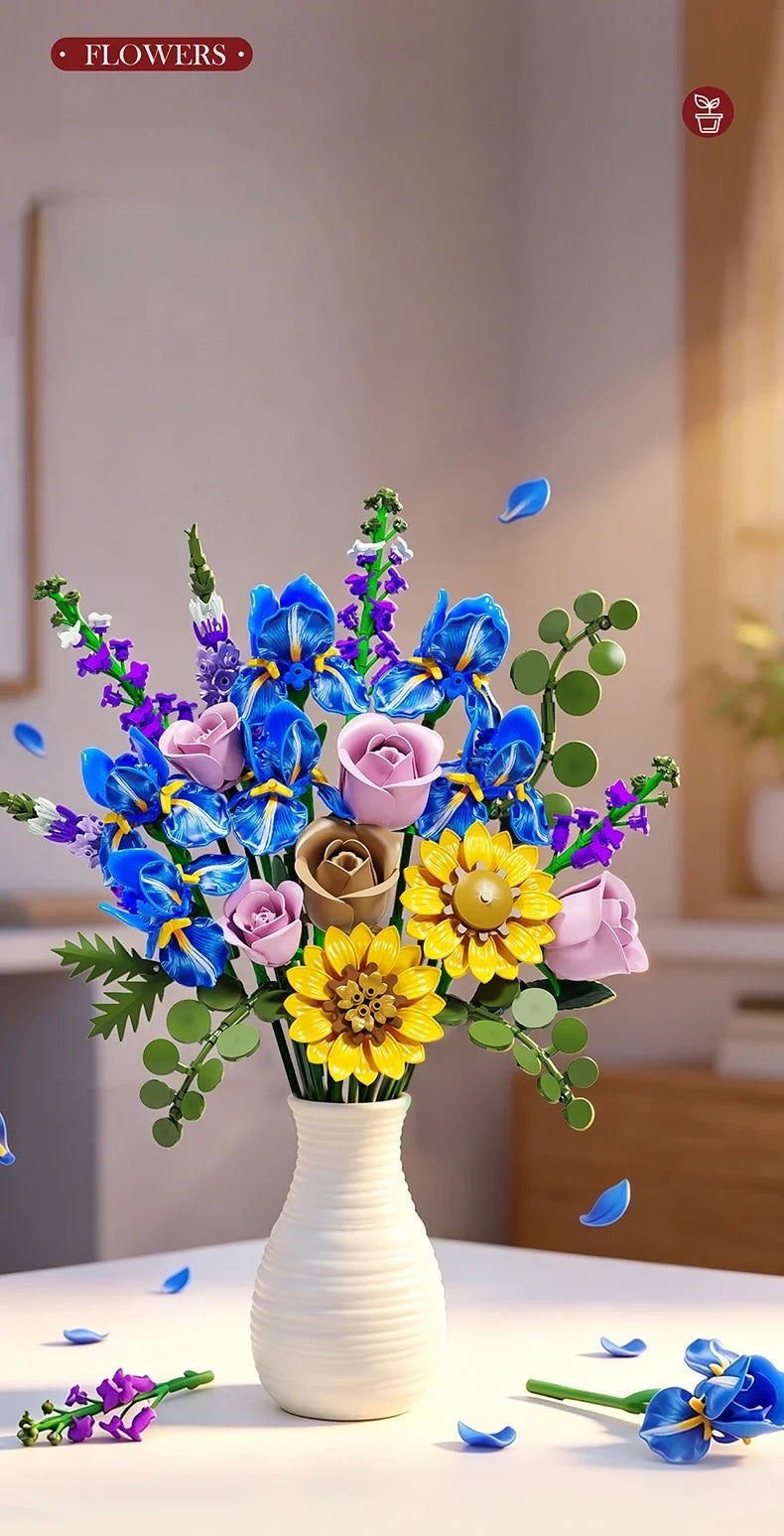 866pcs Botanical Flower Bouquet Set, Blue Iris Rose Plant Building Blocks, 3D Creative Desktop Decoration, Valentine Gift