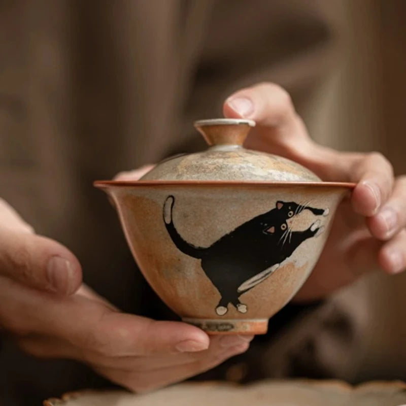 130ml Vintage Cute Zhi Ye Cat Porcelain Gaiwan Set For Tea Tureen Teaware Cup Chinese Hand-Paint Bowls Chawan Tea Ceremony Set
