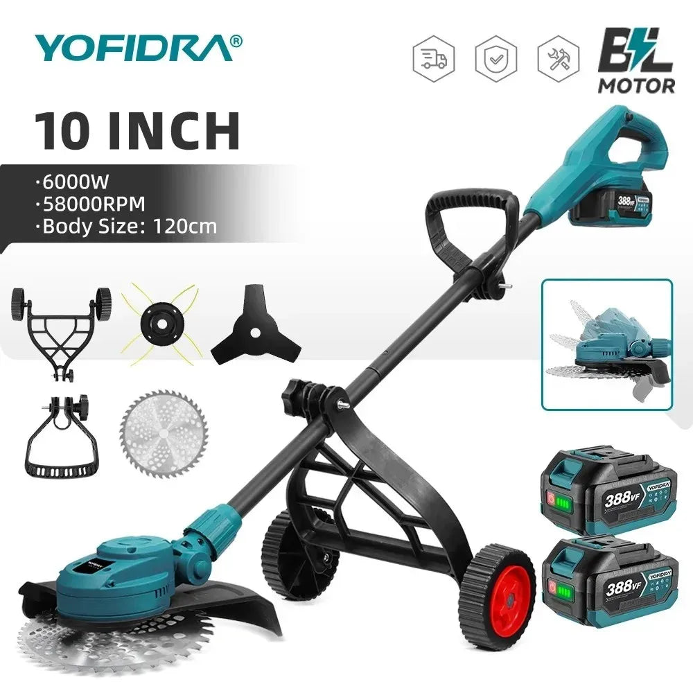 YOFIDRA 10Inch 6000W Brushless Electric Lawn Mower 58000RPM Garden Foldable Grass Trimmer Garden Tool For Makita 18V Battery Pin