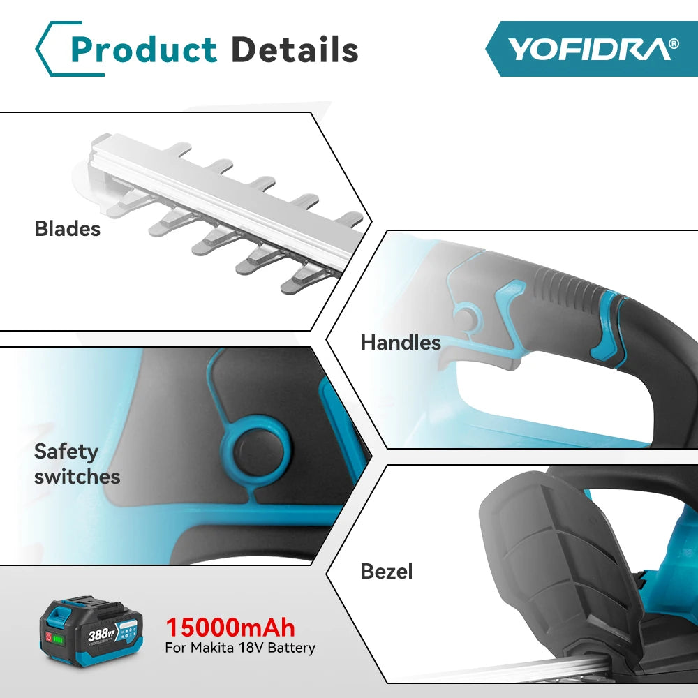 YOFIDRA 2000W Electric Hedge Trimmer 15000RPM Lawn Mower Garden Landscaping Hedge Pruner Trimmer Tool For Makita 18V Battery Pin