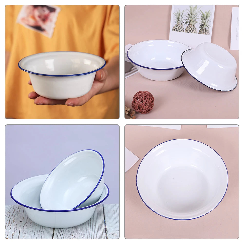 1pcs Enamel Bowl Vintage Style With Lid Soup Storage Basin Heavy Duty Kitchen Enamelware Mixing Salad Dough Retro Home accessory