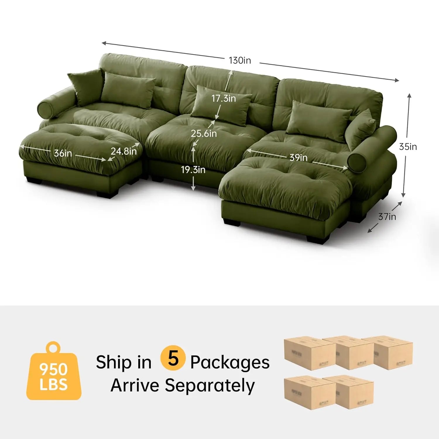 Velvet Modular Sectional Sofa 130" W Oversized U-Shaped Cloud Couch with 2 Ottomans Free Combined 3-Seater Comfort Customized