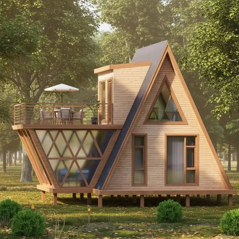 2-Story A-Frame Modern Movable Wood Cabin Prefab Triangle Tiny House for Forest B&B & Glamping Resort Customized
