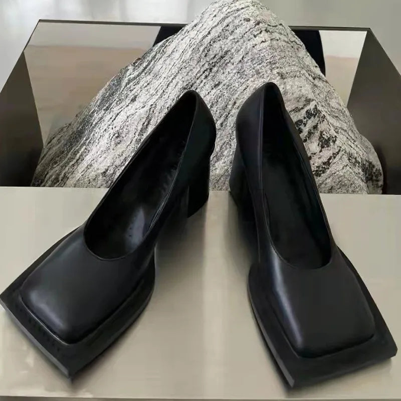 Retro Black Thick Heel Pumps Women Fashion Square Toe Shallow Designer Shoes Elegant Cozy Commuter Office Shoes Zapatos De Mujer
