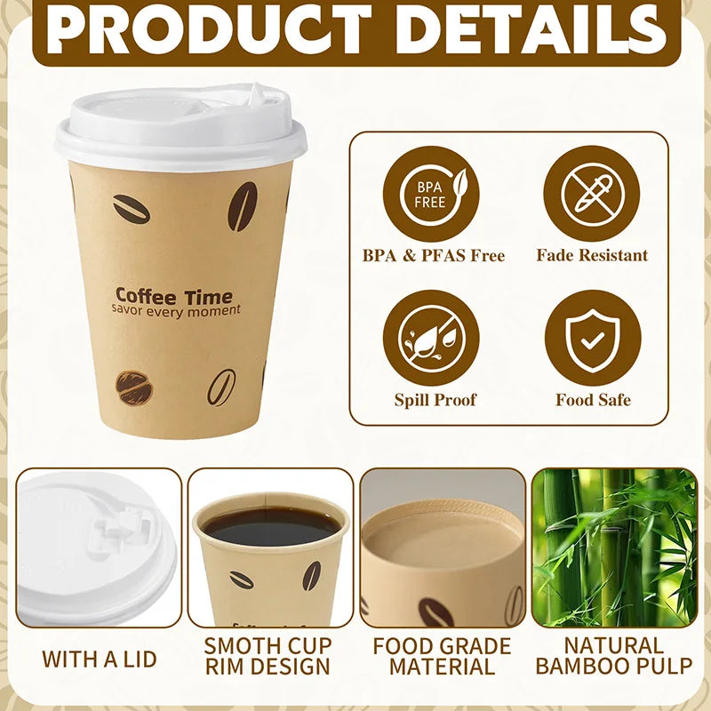 25/50Pack Disposable Paper Coffee Cups with Lids 12oz Bamboo Pulp To Go Drinking Paper Cups for Cold/Hot Drinks for Office Home