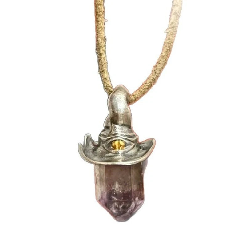 1pc Retro Style Amethyst Hexagonal Pillar Witch Hat Pendant Decoration Pendant