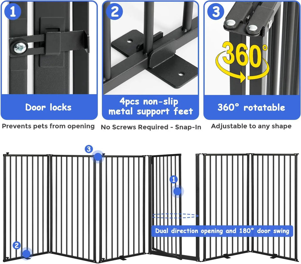 6-Panel Freestanding Dog Gate with Door, 120''W Foldable Pet Fence for Indoor/Outdoor Use, 32''H Tall